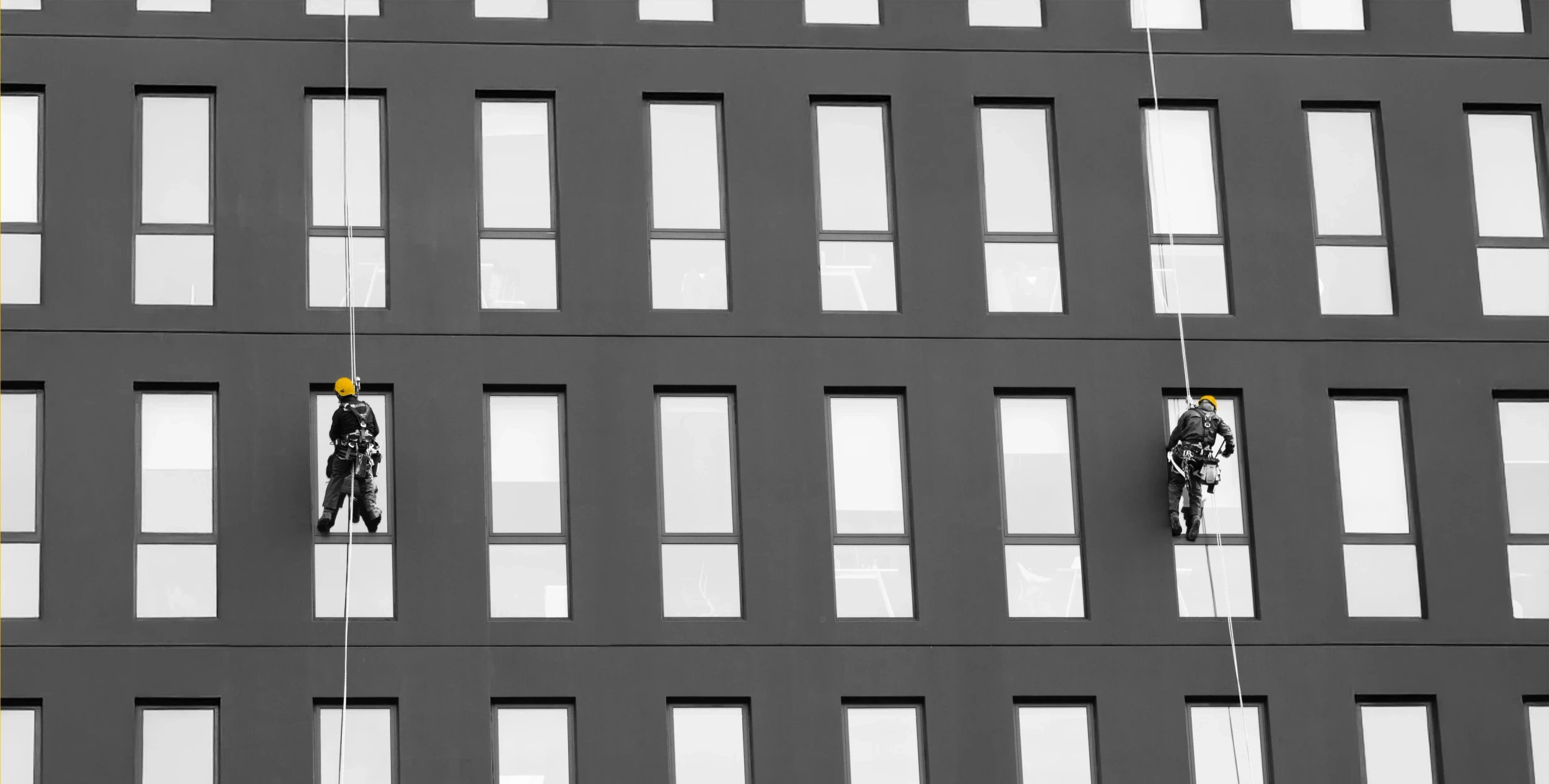 Techniciens cordistes intervenant sur la façade d’un immeuble pour travaux en hauteur